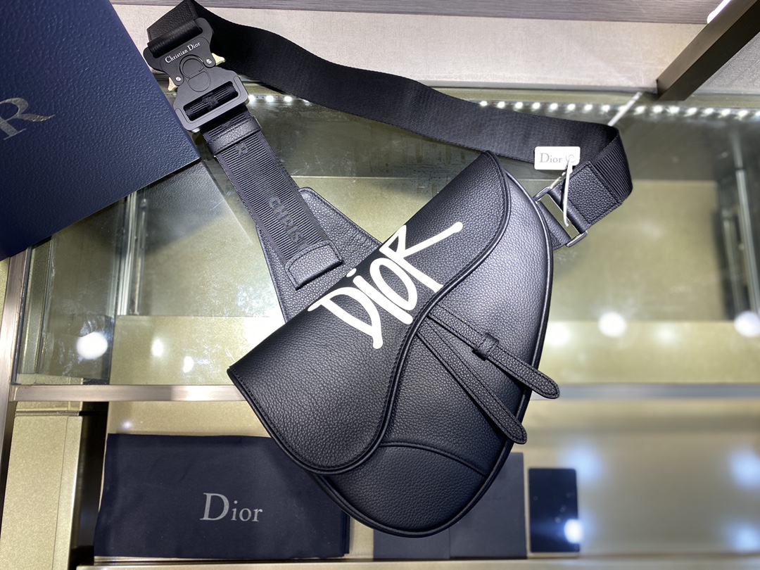 SADDLE BAG, Black Grained Calfskin with DIOR AND SHAWN Signature, DIOR