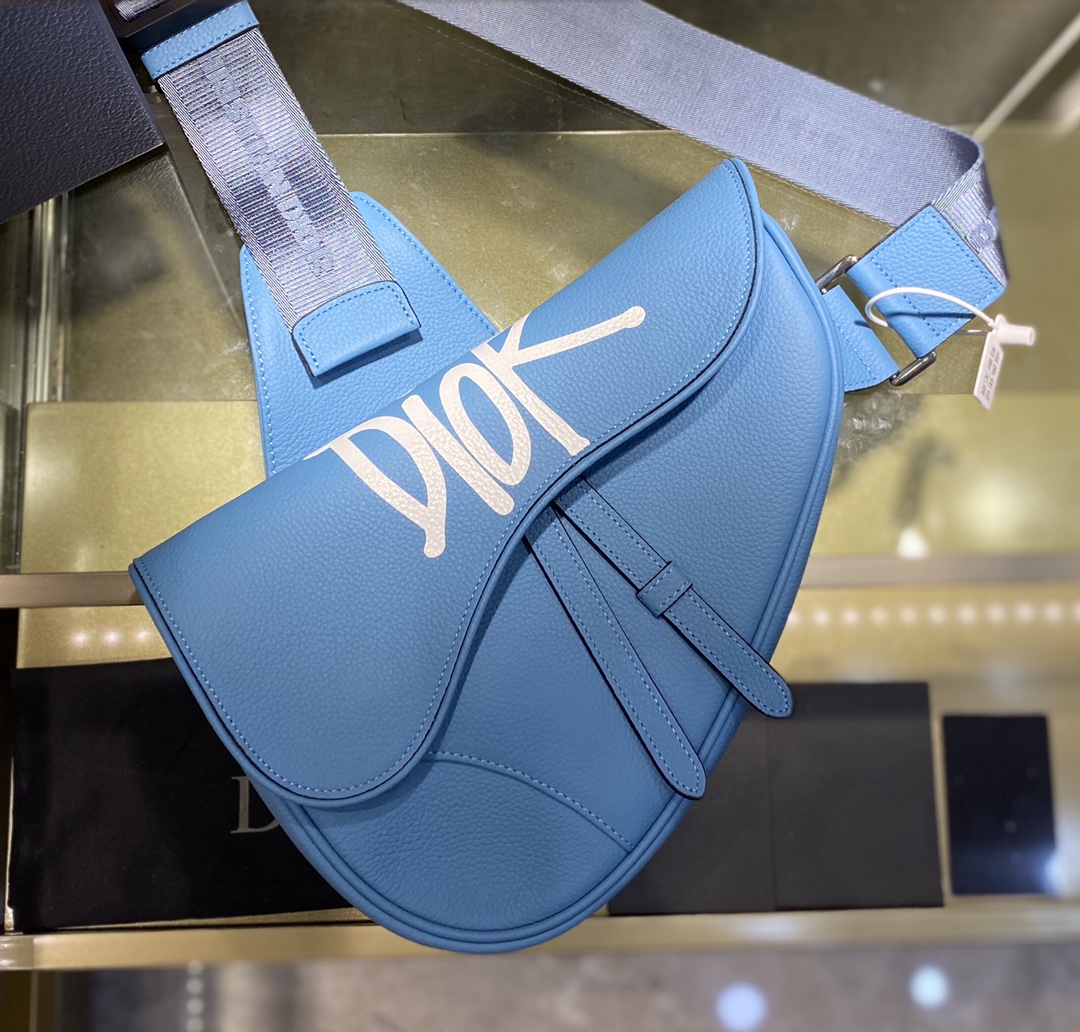 SADDLE BAG, Blue Grained Calfskin with DIOR AND SHAWN Signature, DIOR