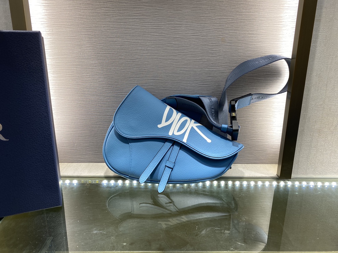 SADDLE BAG, Blue Grained Calfskin with DIOR AND SHAWN Signature, DIOR