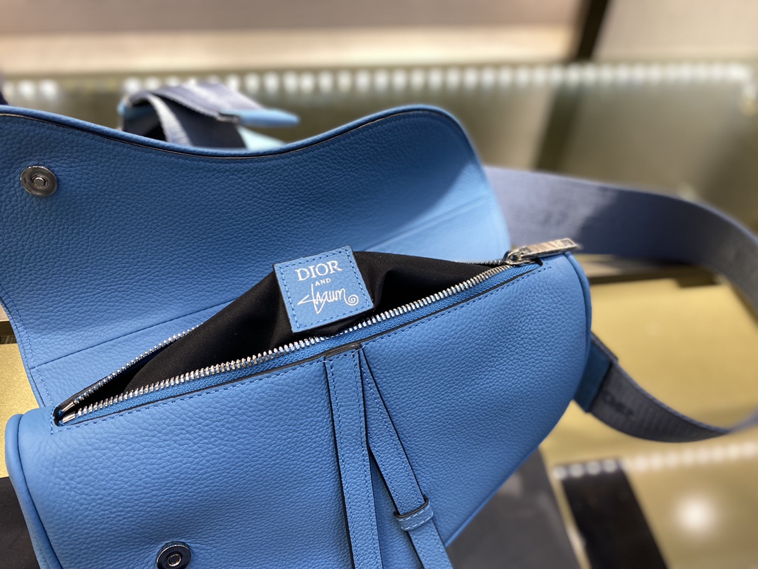 SADDLE BAG, Blue Grained Calfskin with DIOR AND SHAWN Signature, DIOR