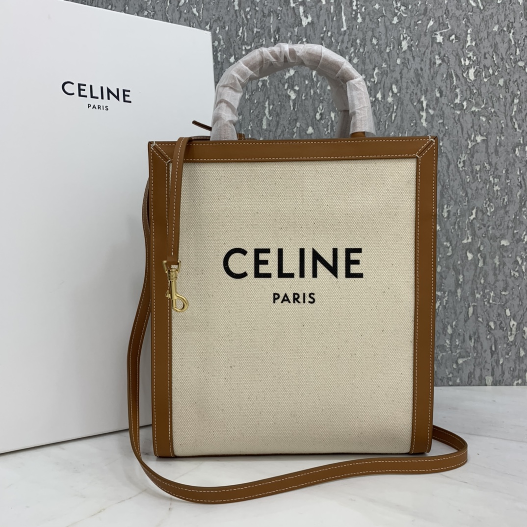 SMALL VERTICAL CABAS CELINE IN CANVAS WITH CELINE PRINT AND CALFSKIN