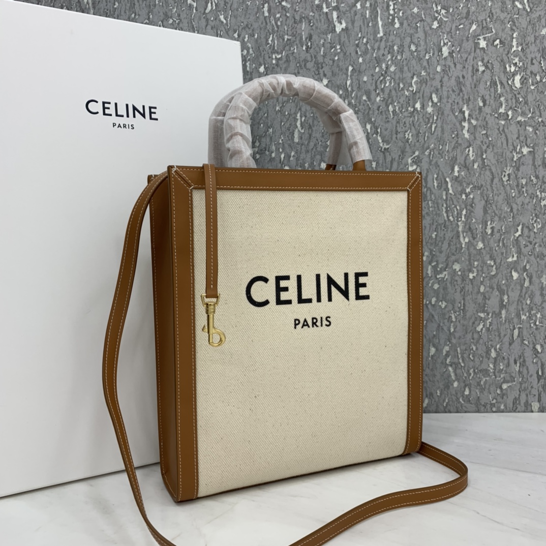 SMALL VERTICAL CABAS CELINE IN CANVAS WITH CELINE PRINT AND CALFSKIN