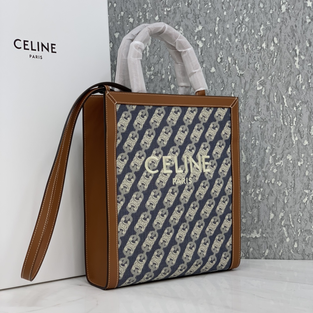 SMALL VERTICAL CABAS CELINE IN CANVAS WITH CELINE PRINT AND CALFSKIN