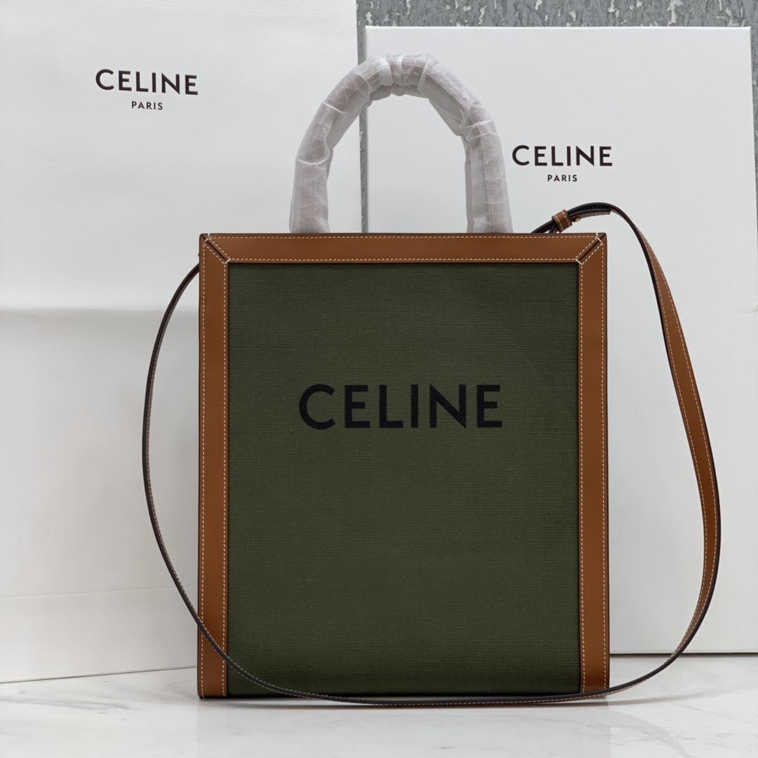 SMALL VERTICAL CABAS CELINE IN CANVAS WITH CELINE PRINT AND CALFSKIN