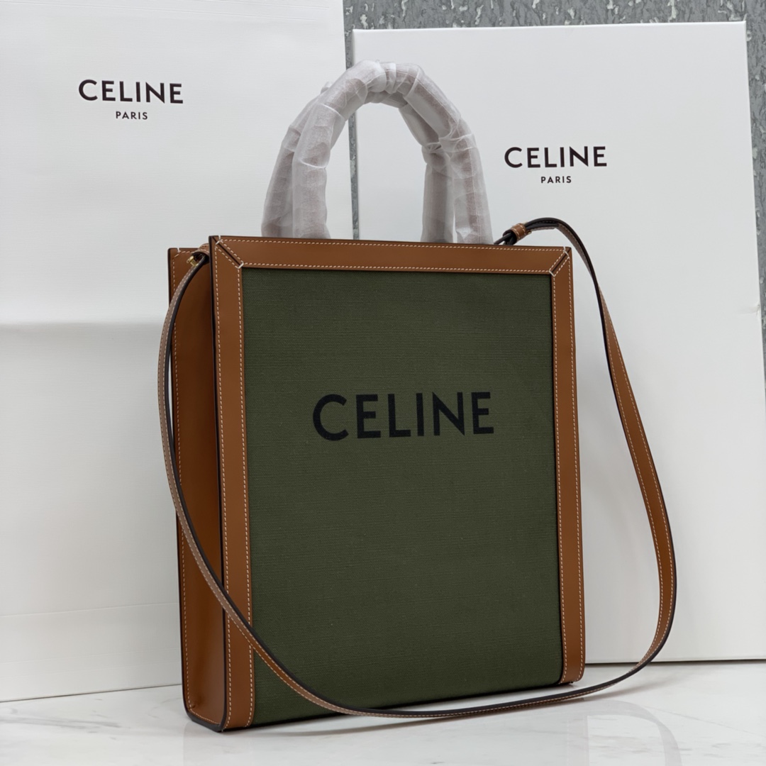 SMALL VERTICAL CABAS CELINE IN CANVAS WITH CELINE PRINT AND CALFSKIN