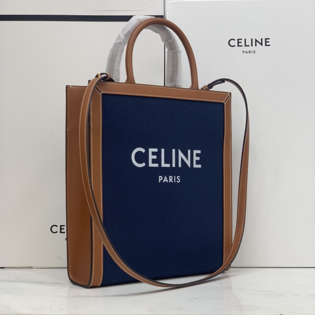 SMALL VERTICAL CABAS CELINE IN CANVAS WITH CELINE PRINT AND CALFSKIN