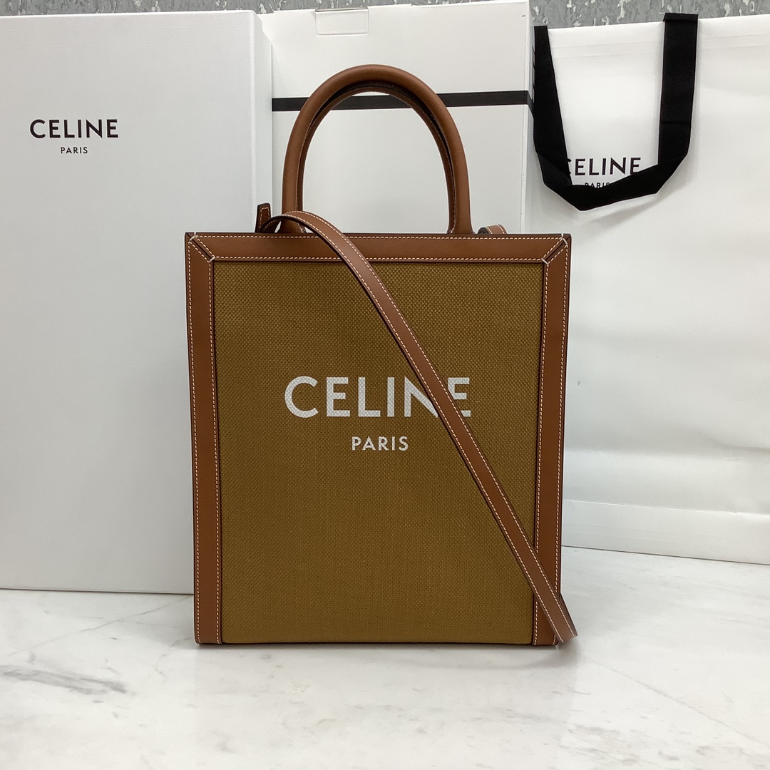 SMALL VERTICAL CABAS CELINE IN CANVAS WITH CELINE PRINT AND CALFSKIN