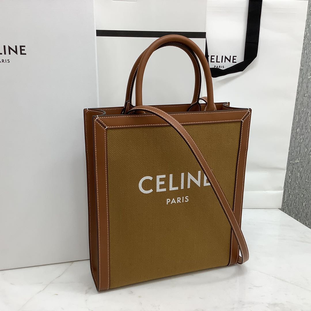SMALL VERTICAL CABAS CELINE IN CANVAS WITH CELINE PRINT AND CALFSKIN