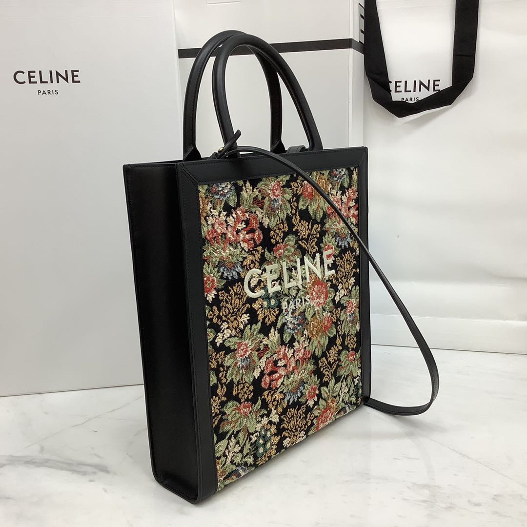 SMALL VERTICAL CABAS CELINE IN CANVAS WITH CELINE PRINT AND CALFSKIN