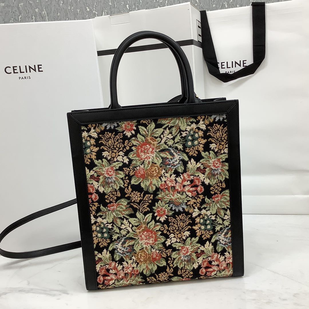 SMALL VERTICAL CABAS CELINE IN CANVAS WITH CELINE PRINT AND CALFSKIN