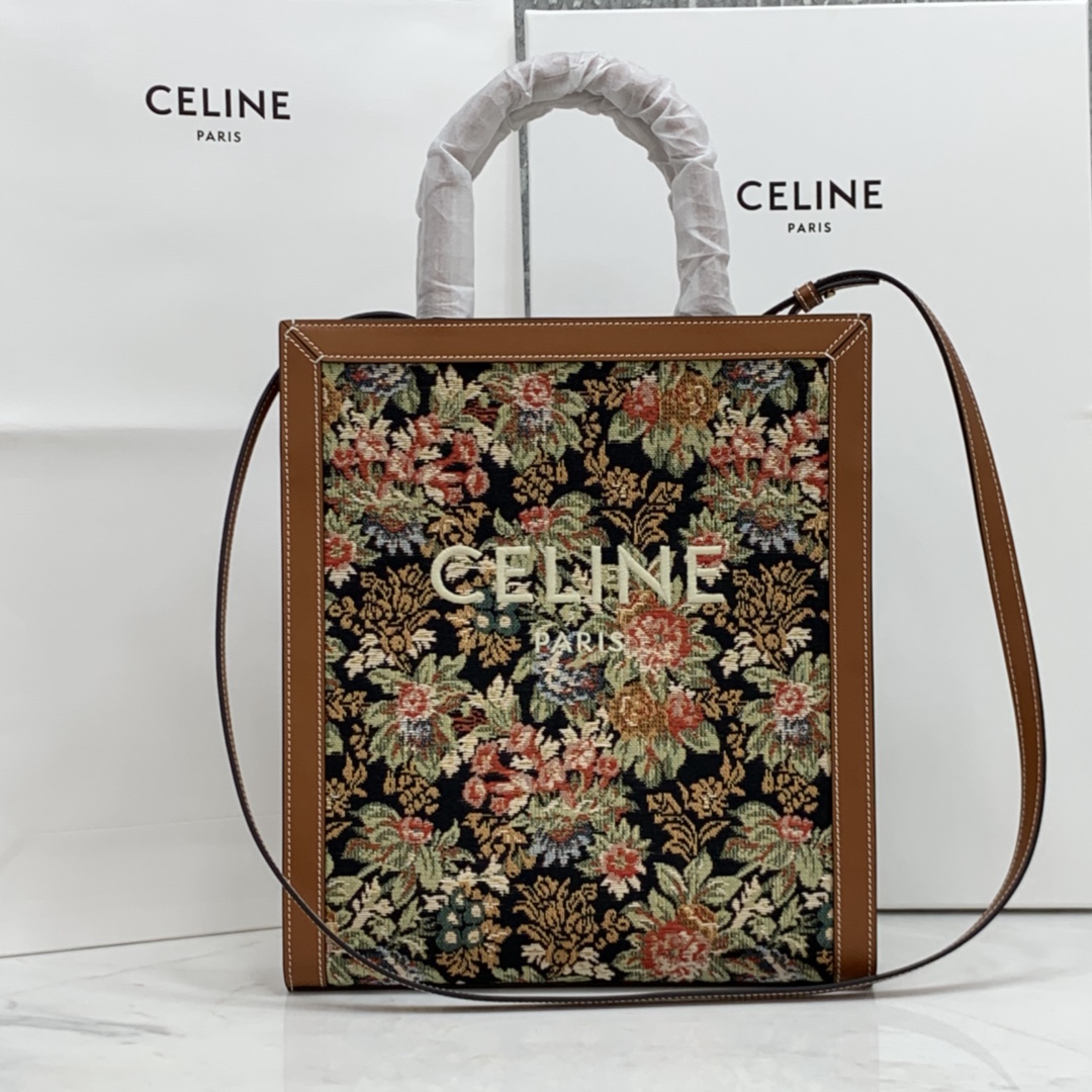 SMALL VERTICAL CABAS CELINE IN CANVAS WITH CELINE PRINT AND CALFSKIN