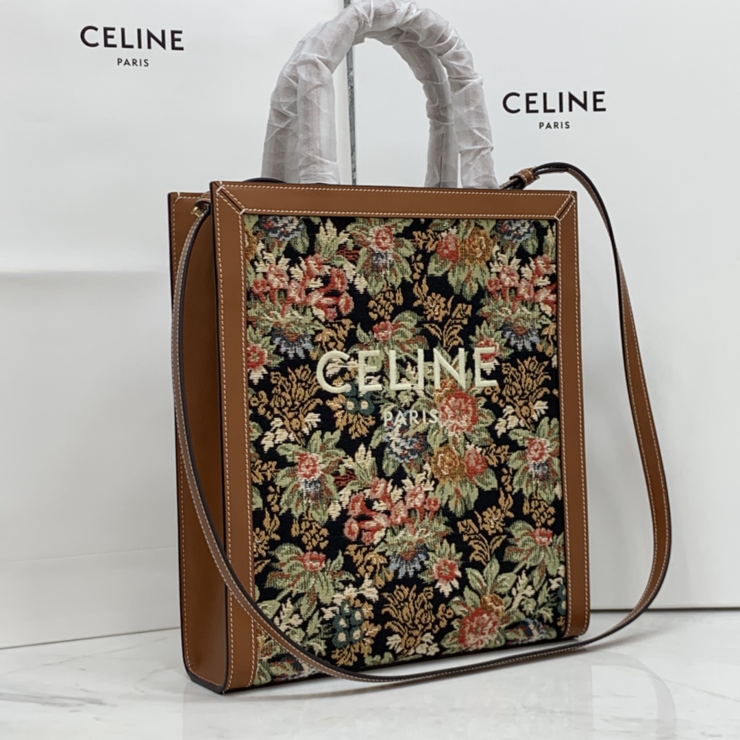 SMALL VERTICAL CABAS CELINE IN CANVAS WITH CELINE PRINT AND CALFSKIN