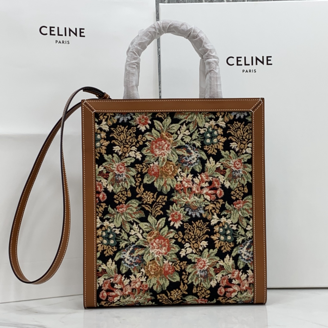 SMALL VERTICAL CABAS CELINE IN CANVAS WITH CELINE PRINT AND CALFSKIN
