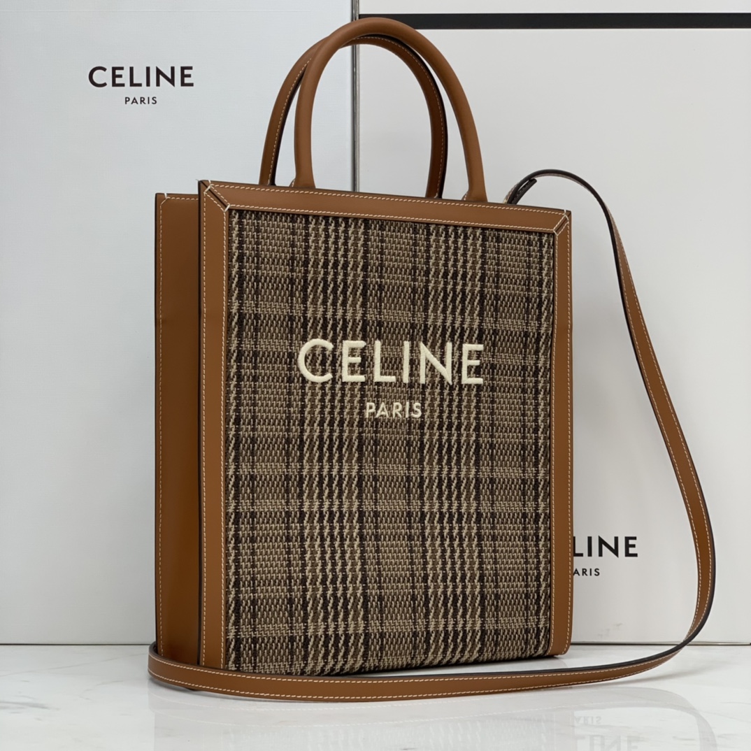 SMALL VERTICAL CABAS CELINE IN CANVAS WITH CELINE PRINT AND CALFSKIN