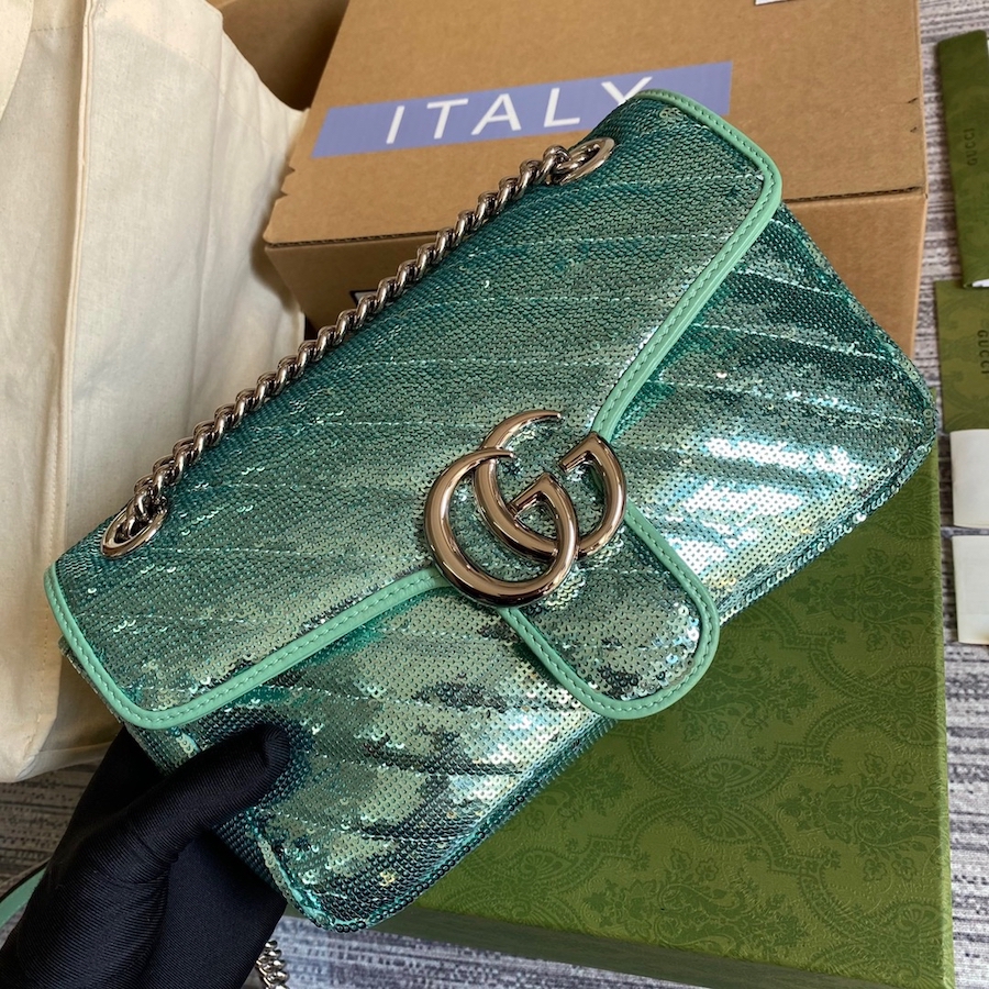 443497 GG Marmont small sequin shoulder bag, GUCCI SHOULDER BAGS FOR WOMEN Chain Bags for Women