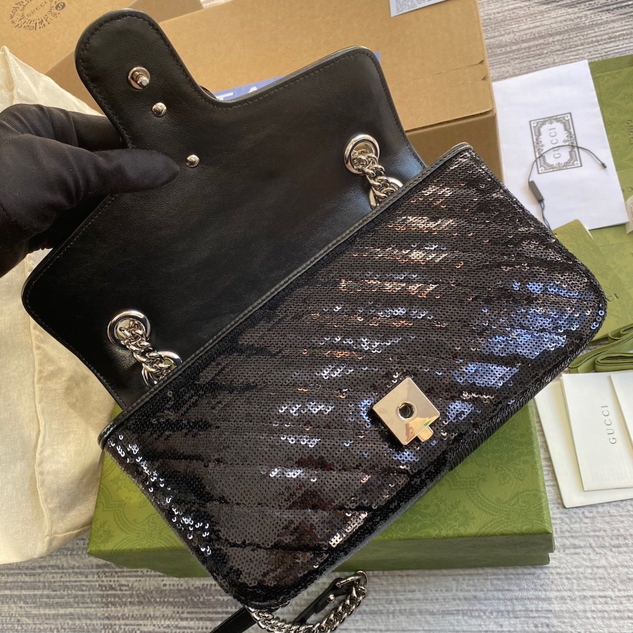 443497 GG Marmont small sequin shoulder bag, GUCCI SHOULDER BAGS FOR WOMEN Chain Bags for Women