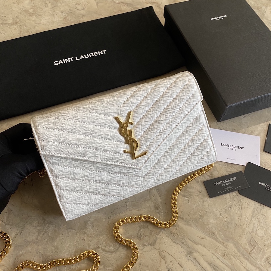 YSL Saint Laurent, 377828, MONOGRAM CHAIN WALLET GRAIN DE POUDRE TEXTURED MATELASSÉ LEATHER, STRAP DROP: 48 CM