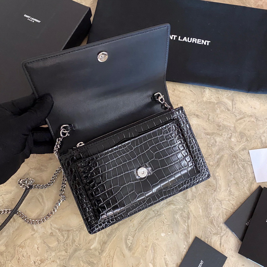 533026 SUNSET CHAIN WALLET IN SHINY CROCODILE-EMBOSSED LEATHER, YSL Saint Laurent