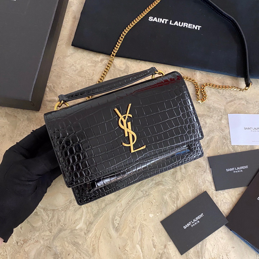 533026 SUNSET CHAIN WALLET IN SHINY CROCODILE-EMBOSSED LEATHER, YSL Saint Laurent