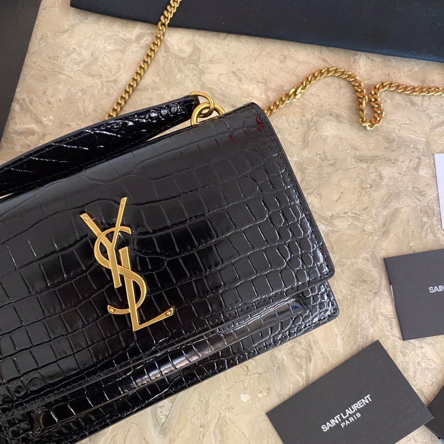 533026 SUNSET CHAIN WALLET IN SHINY CROCODILE-EMBOSSED LEATHER, YSL Saint Laurent