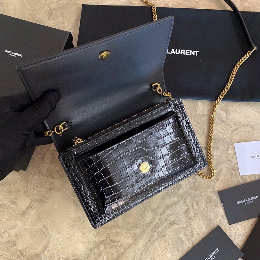 533026 SUNSET CHAIN WALLET IN SHINY CROCODILE-EMBOSSED LEATHER, YSL Saint Laurent