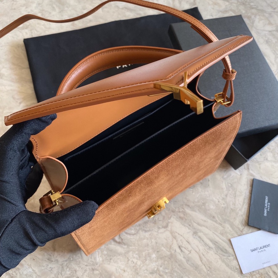 CASSANDRA MEDIUM TOP HANDLE BAG IN SUEDE AND SMOOTH LEATHER, YSL Saint Laurent