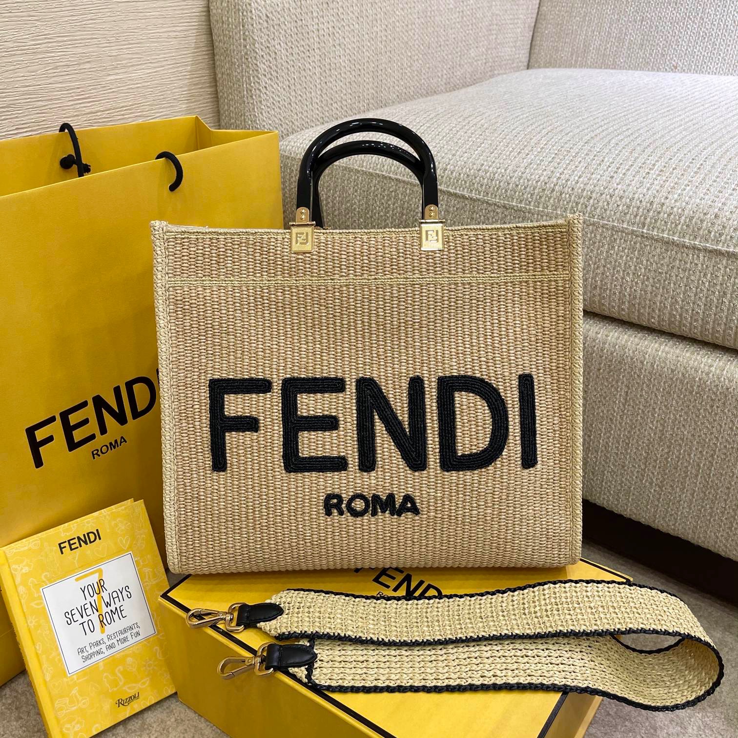 FENDI SUNSHINE MEDIUM, FENDI HANDBAG Woven straw shopper