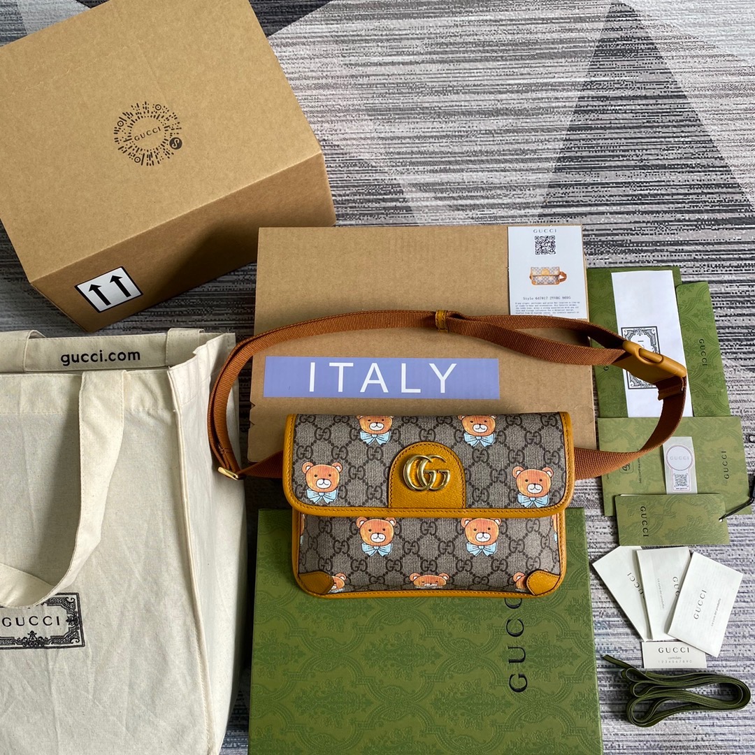 647817  KAI x Gucci small belt bag, Beige and ebony GG Supreme canvas with teddy bear print