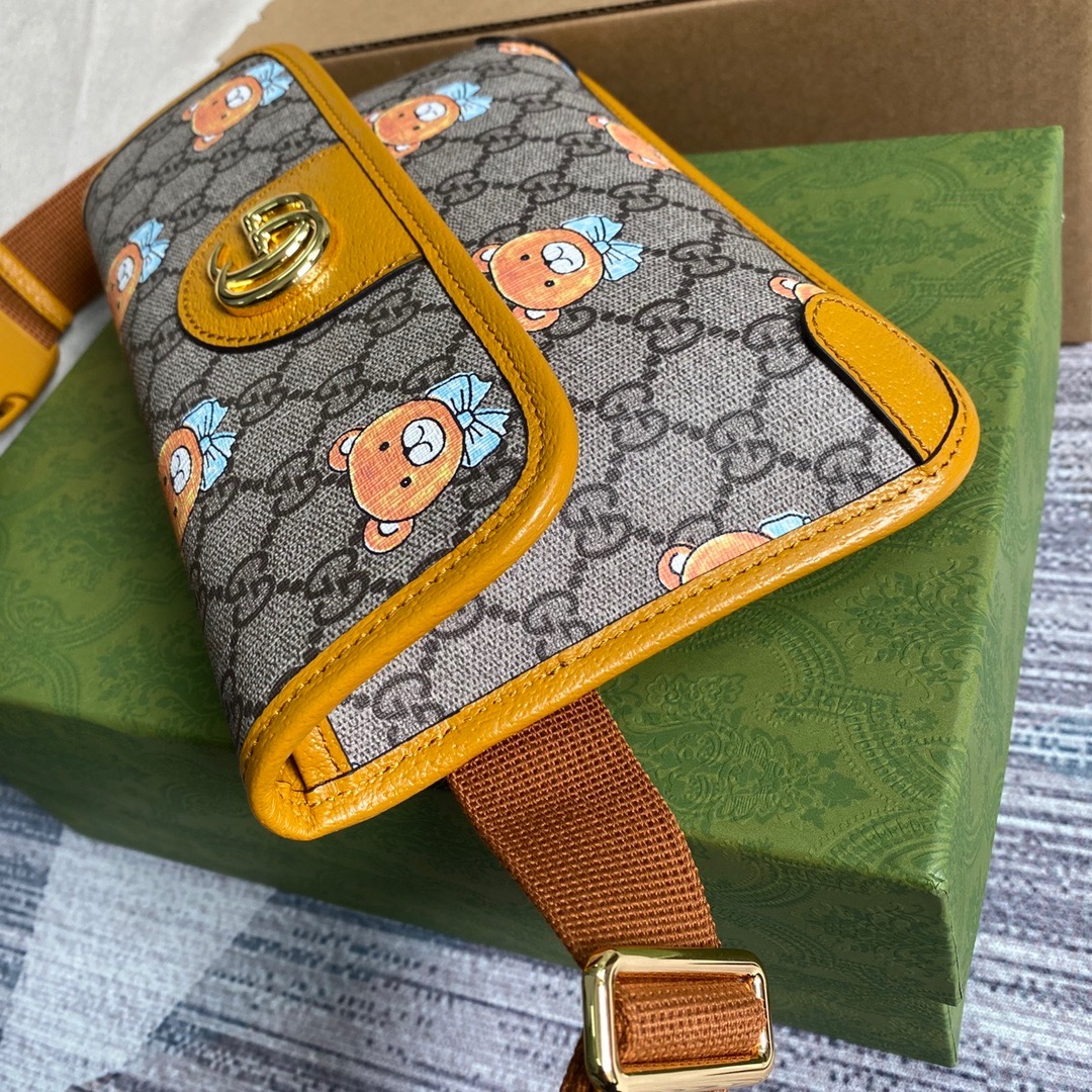 647817  KAI x Gucci small belt bag, Beige and ebony GG Supreme canvas with teddy bear print