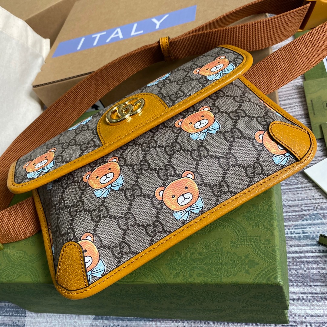 647817  KAI x Gucci small belt bag, Beige and ebony GG Supreme canvas with teddy bear print