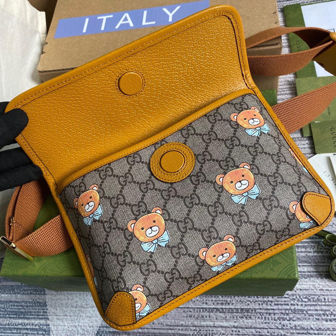 647817  KAI x Gucci small belt bag, Beige and ebony GG Supreme canvas with teddy bear print