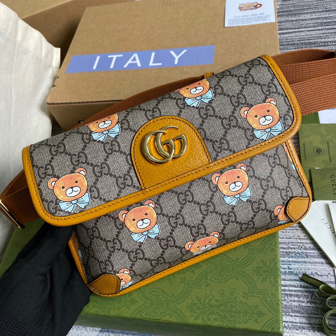 647817  KAI x Gucci small belt bag, Beige and ebony GG Supreme canvas with teddy bear print