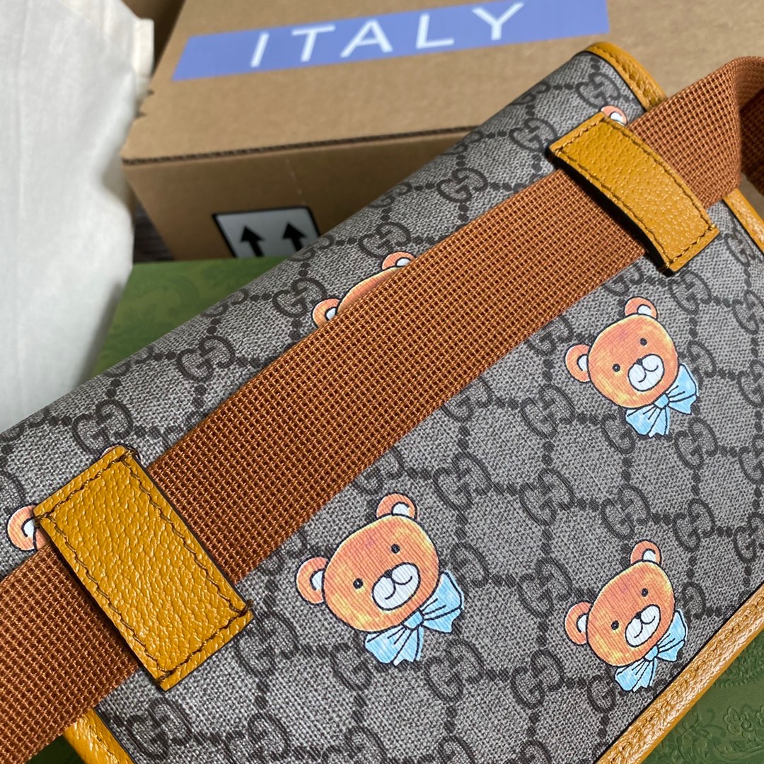 647817  KAI x Gucci small belt bag, Beige and ebony GG Supreme canvas with teddy bear print