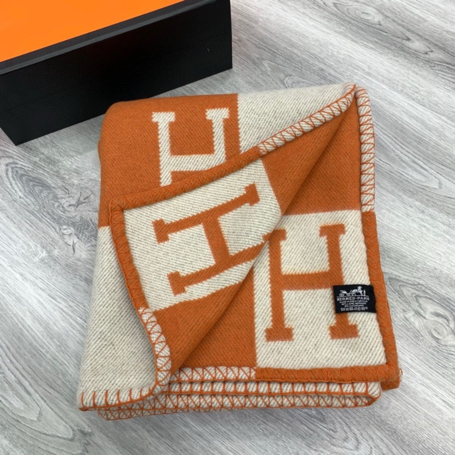 Premium Cashmere Blend Blanket – HERMSCA-172 | Orange & Ivory White | 170 × 135 cm