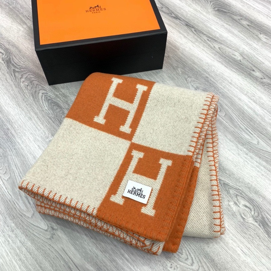 Premium Cashmere Blend Blanket – HERMSCA-172 | Orange & Ivory White | 170 × 135 cm