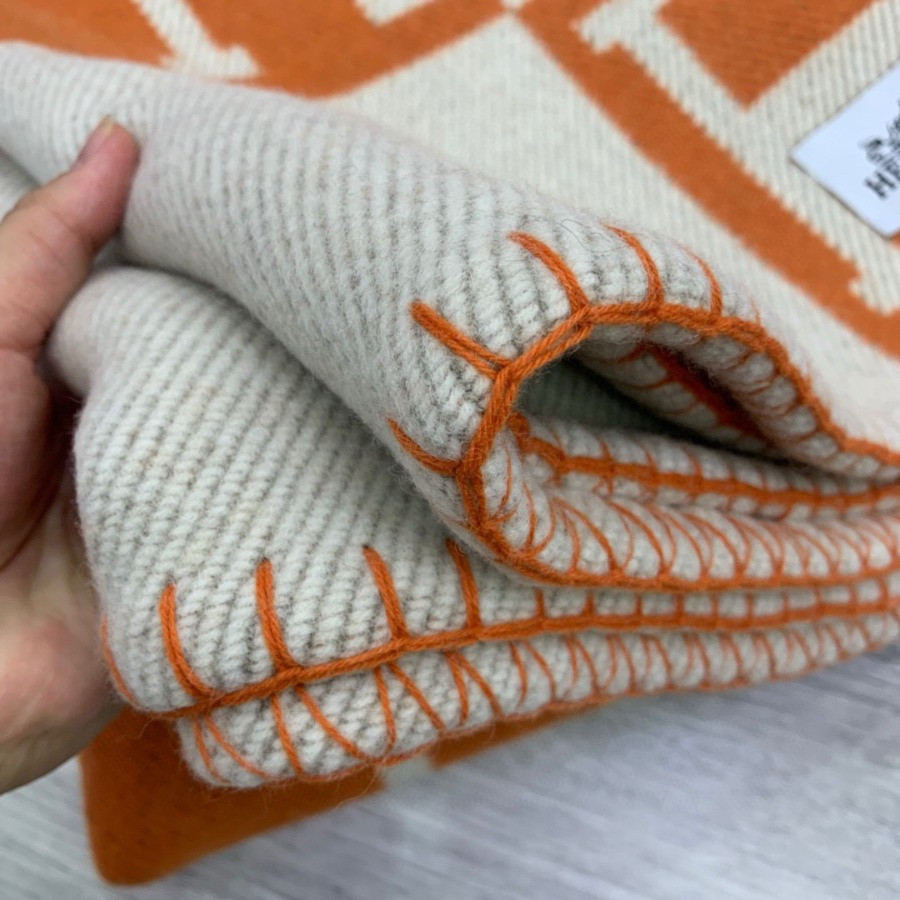 Premium Cashmere Blend Blanket – HERMSCA-172 | Orange & Ivory White | 170 × 135 cm