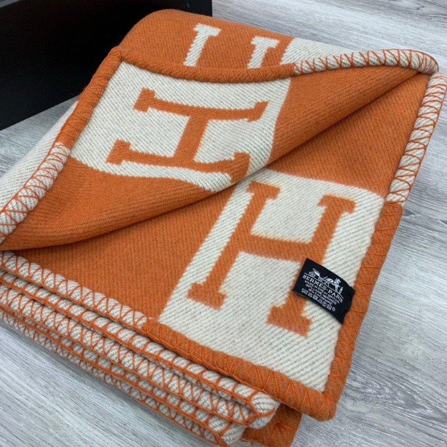 Premium Cashmere Blend Blanket – HERMSCA-172 | Orange & Ivory White | 170 × 135 cm