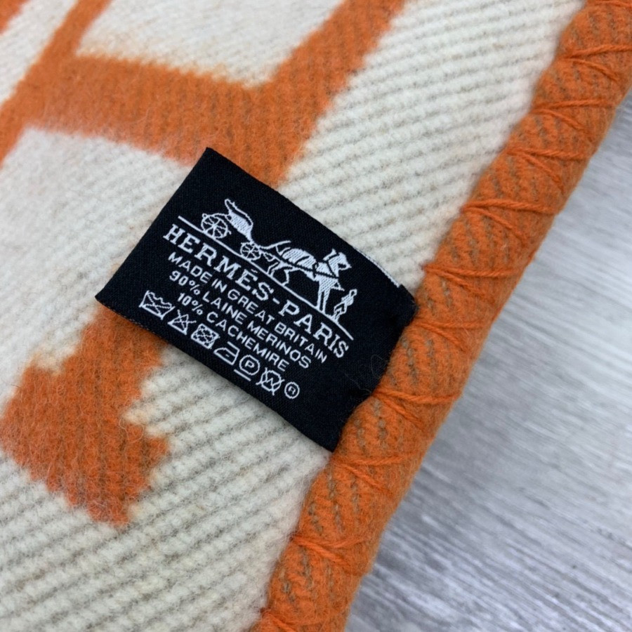 Premium Cashmere Blend Blanket – HERMSCA-172 | Orange & Ivory White | 170 × 135 cm