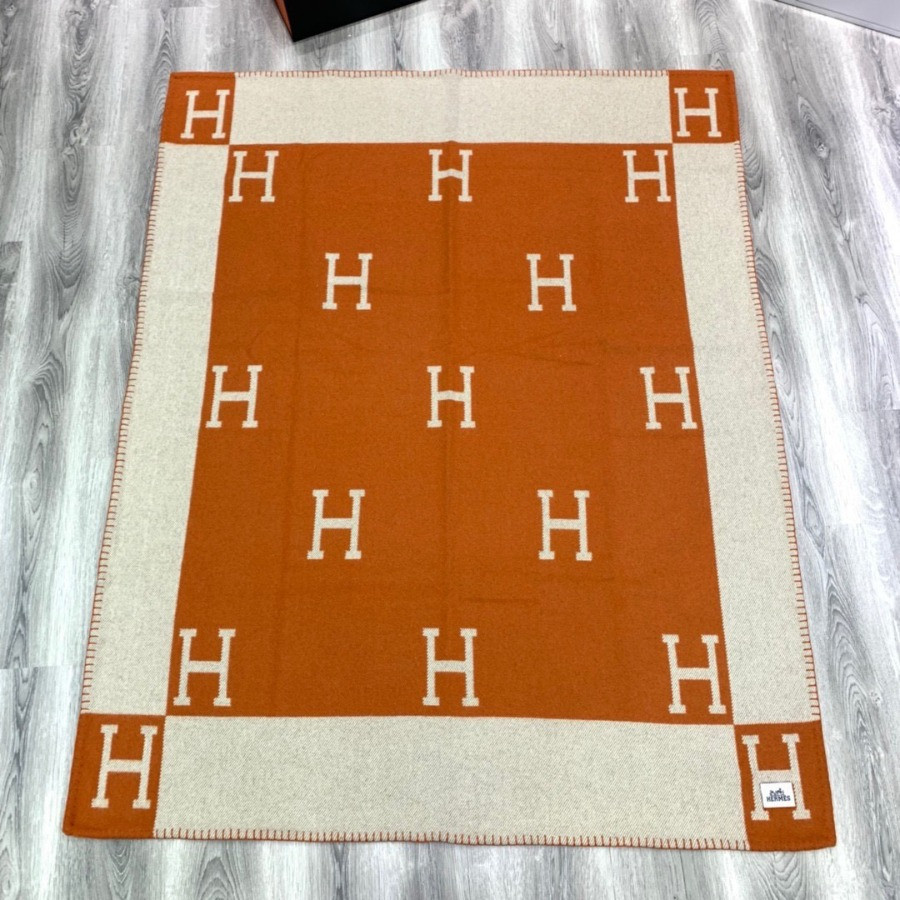 Premium Cashmere Blend Blanket – HERMSCA-172 | Orange & Ivory White | 170 × 135 cm