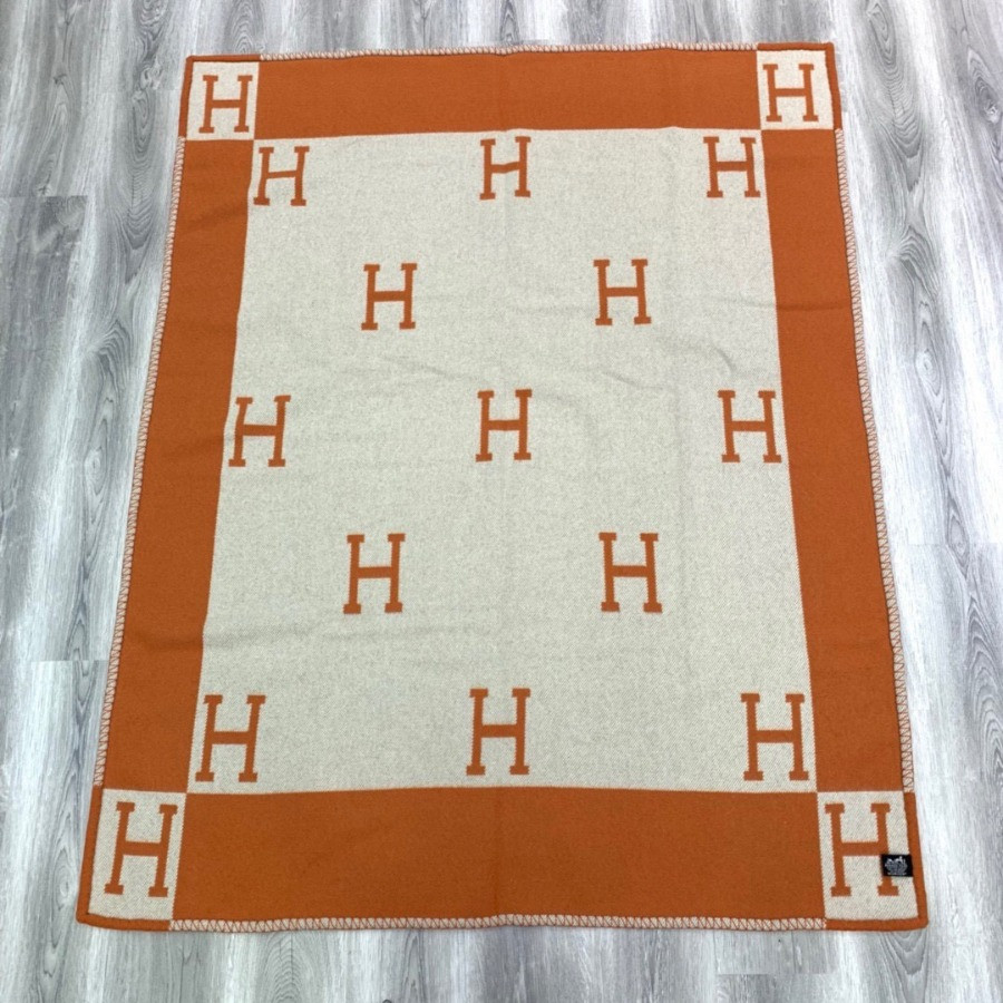 Premium Cashmere Blend Blanket – HERMSCA-172 | Orange & Ivory White | 170 × 135 cm