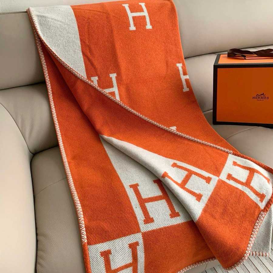 Premium Cashmere Blend Blanket – HERMSCA-173 | Deep Orange & Ivory White | 170 × 135 cm