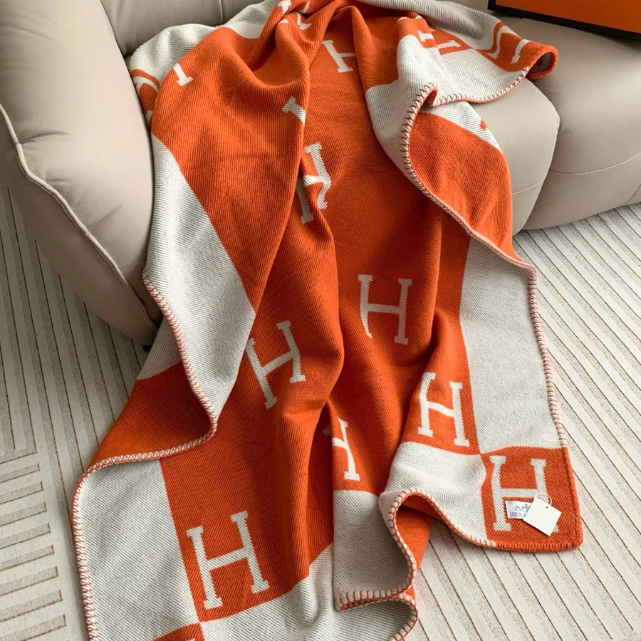 Premium Cashmere Blend Blanket – HERMSCA-173 | Deep Orange & Ivory White | 170 × 135 cm