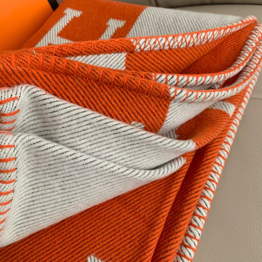 Premium Cashmere Blend Blanket – HERMSCA-173 | Deep Orange & Ivory White | 170 × 135 cm