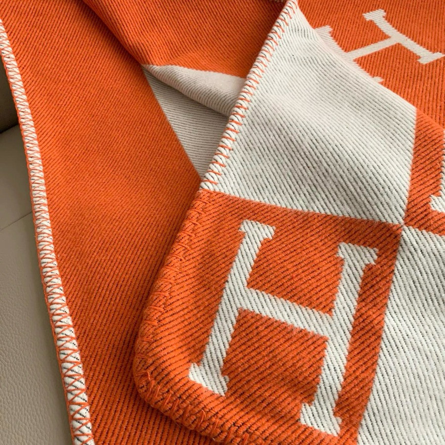 Premium Cashmere Blend Blanket – HERMSCA-173 | Deep Orange & Ivory White | 170 × 135 cm