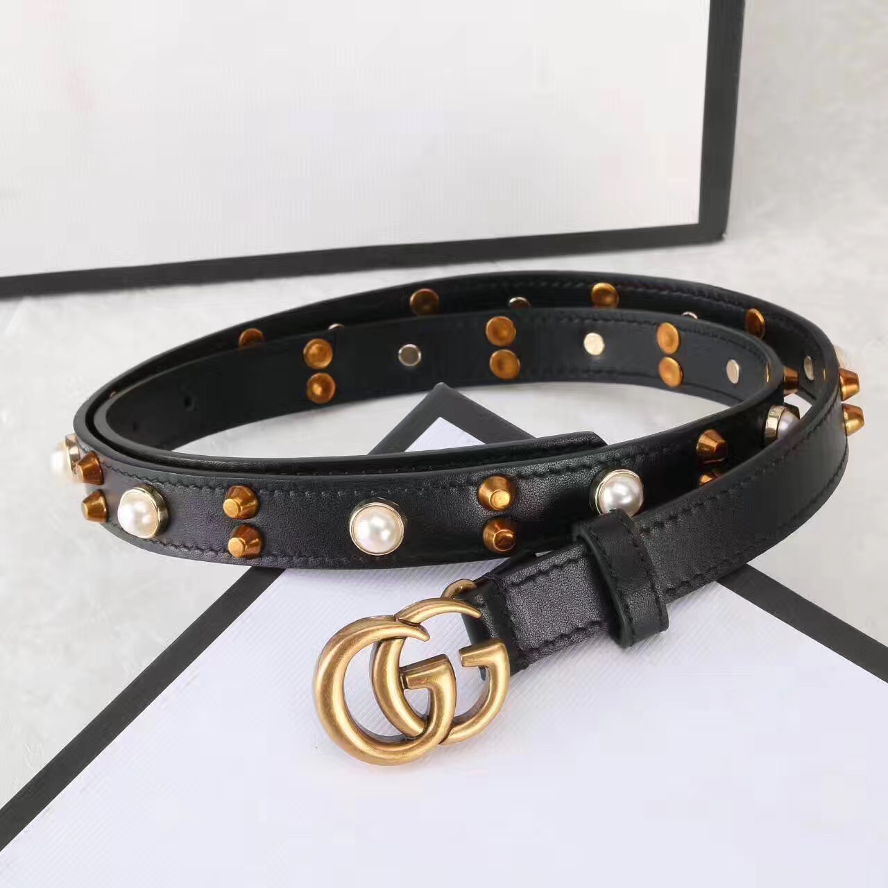 Studded leather belt WITH DOUBLE G BUCKLE, GUCCI Belts