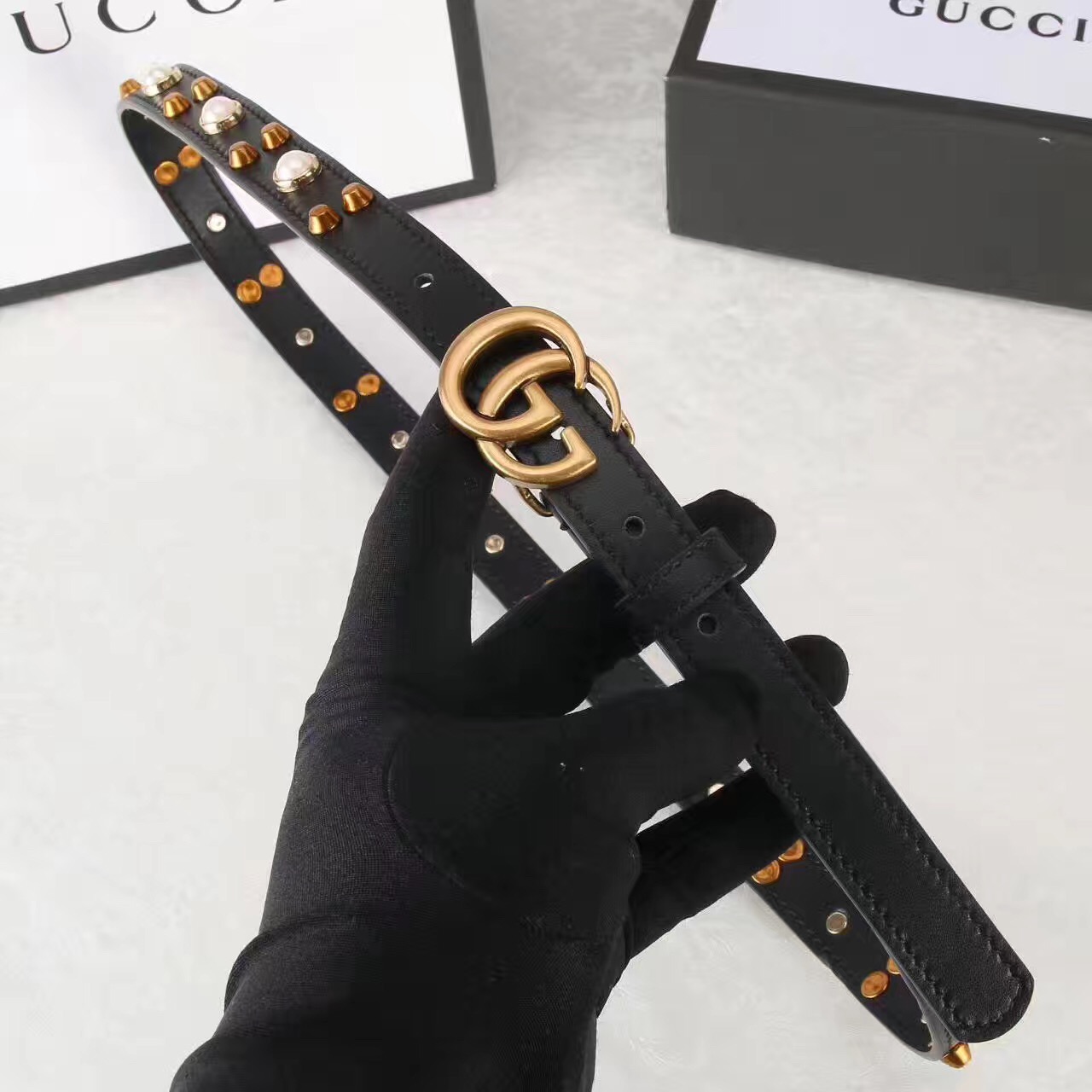Studded leather belt WITH DOUBLE G BUCKLE, GUCCI Belts