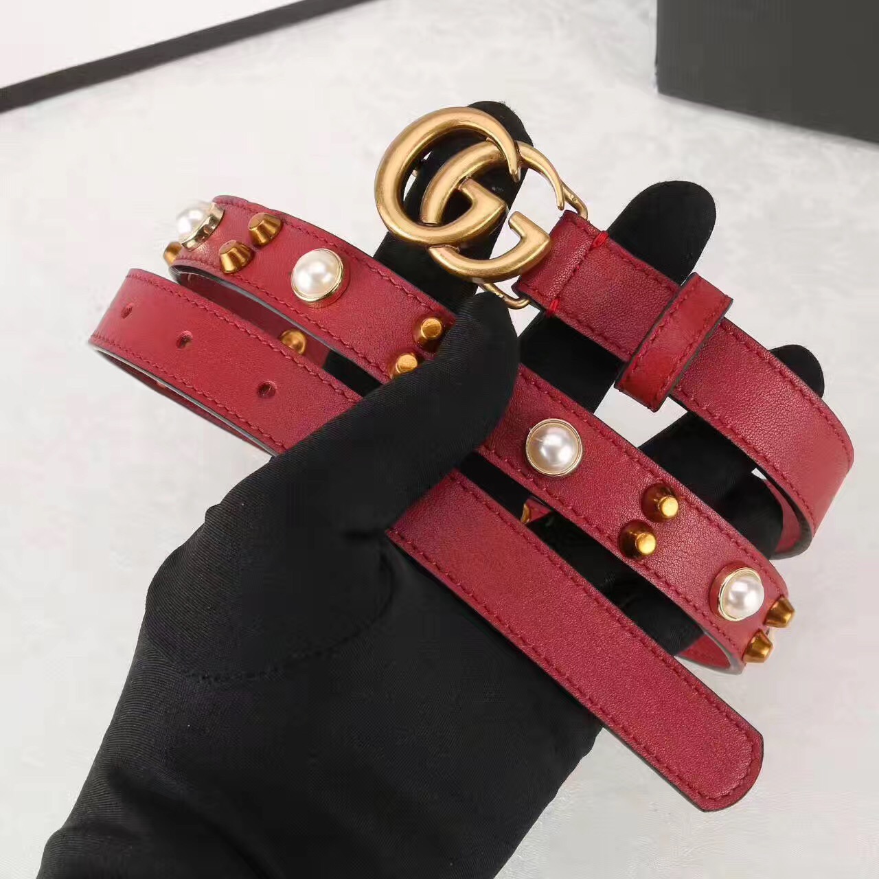 Studded leather belt WITH DOUBLE G BUCKLE, GUCCI Belts