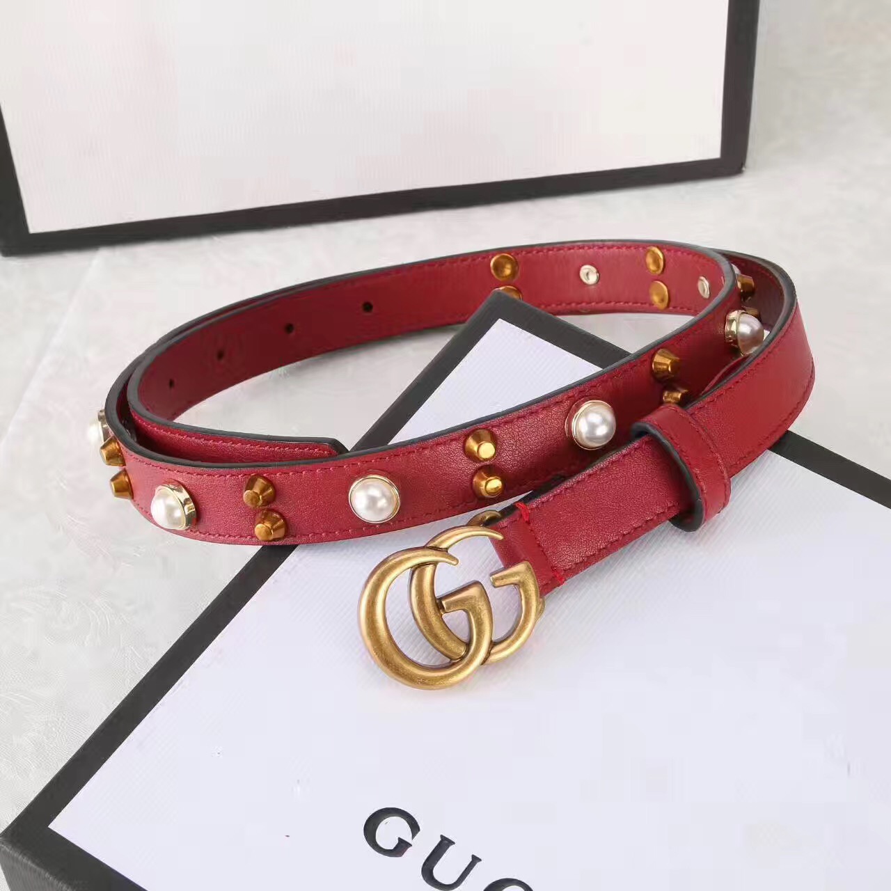 Studded leather belt WITH DOUBLE G BUCKLE, GUCCI Belts