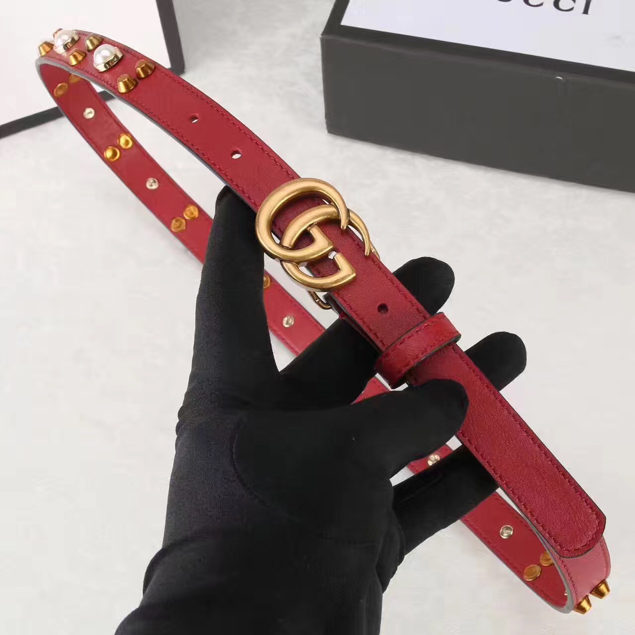 Studded leather belt WITH DOUBLE G BUCKLE, GUCCI Belts
