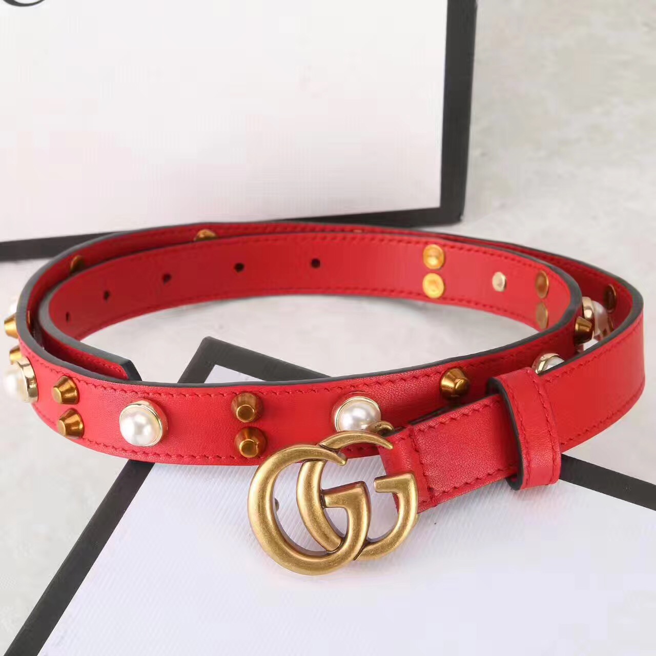 Studded leather belt WITH DOUBLE G BUCKLE, GUCCI Belts